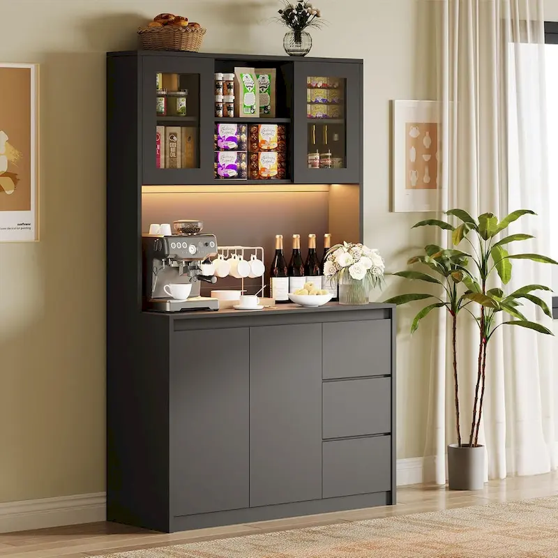 Tall Storage Cabinet with Countertop and LED Lights