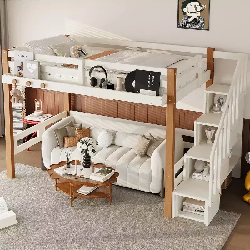 Modern Loft Bed with Storage Shelves, Clothes Hook and Underbed Space