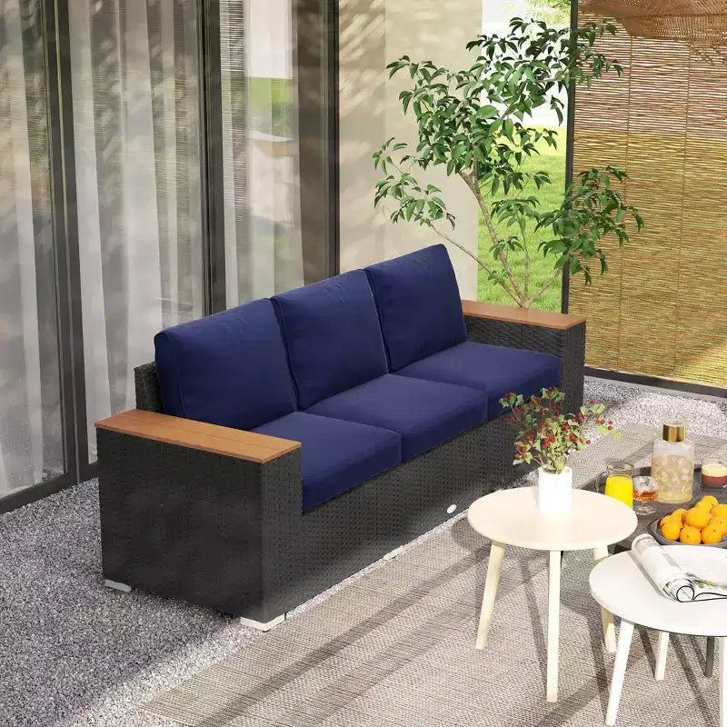 3-Seat Outdoor Patio Sofa with Cushions, PE Rattan Wicker Sofa with Wide Armrests, Outdoor Wicker Couch