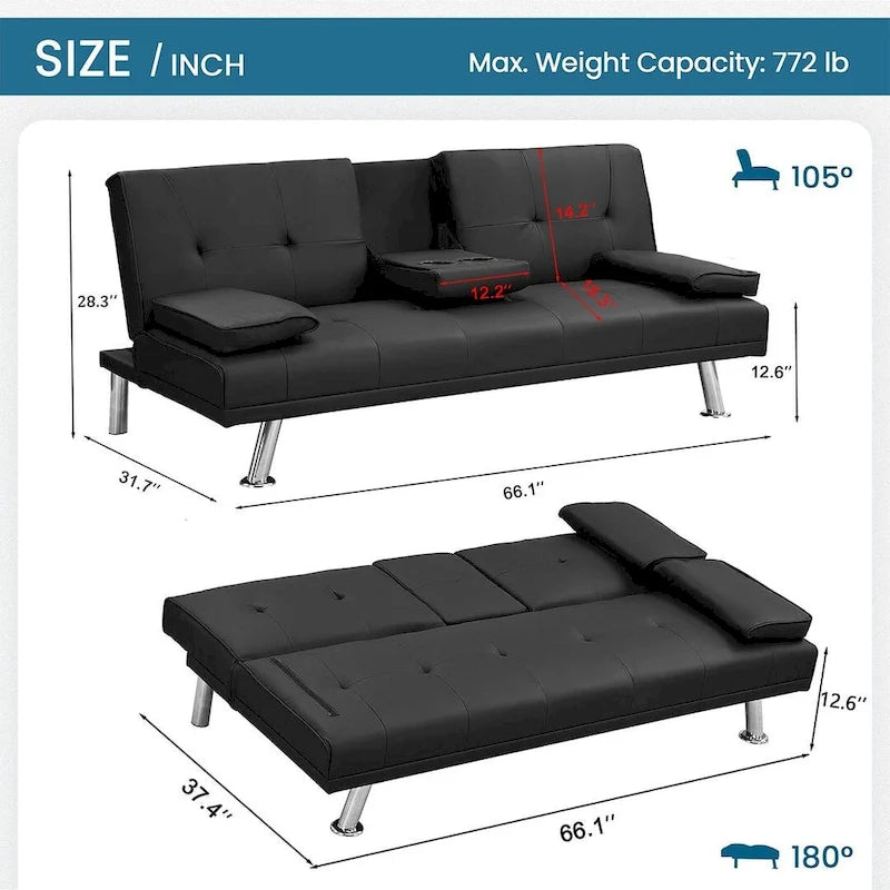 Convertible Sofa Bed – Black / Dark Brown, Faux Leather, 3-Position Recliner, Seats 2