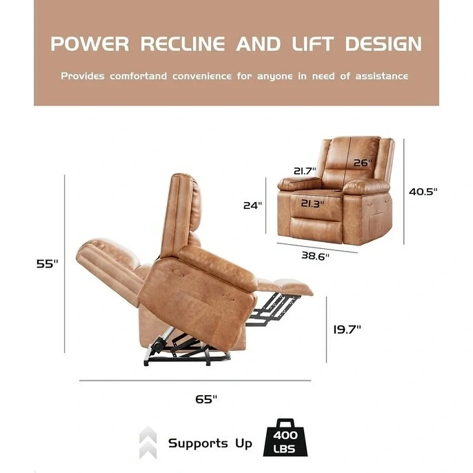 Faux Leather Power Lift Recliner, Heat & Massage, 1-Person �� Cognac / Coffee / Tan / Grey / Beige