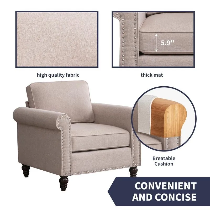 Modern Linen Sectional Single Sofa with Solid Wood Frame & Pocket Coils