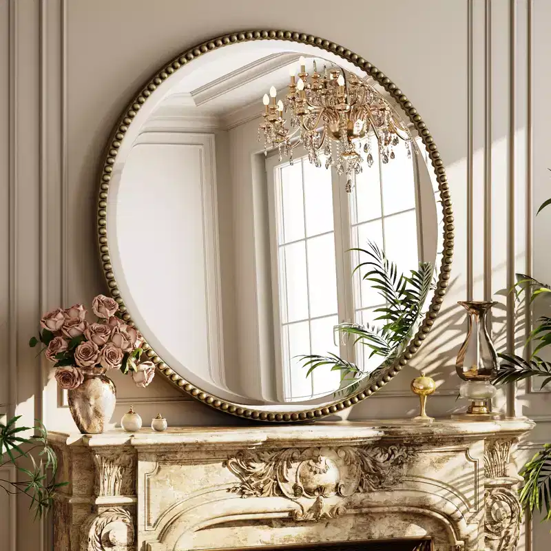 Beaded Round Wall Mirror - Decorative Vanity Bathroom Mirror with Resin Frame