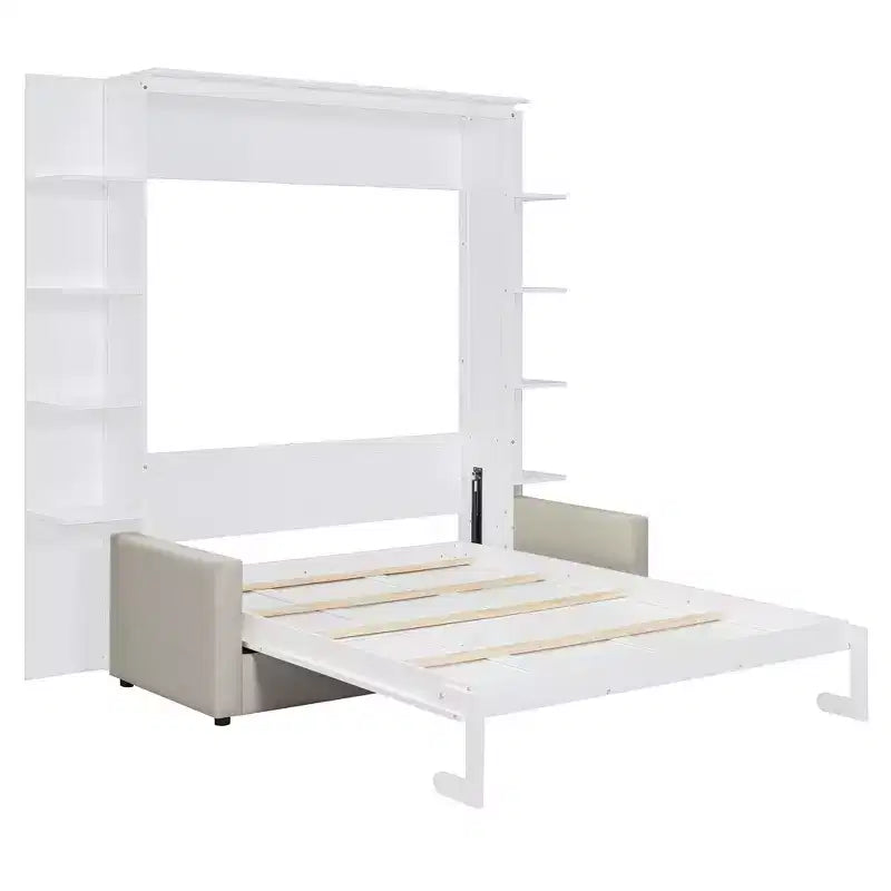 Queen Murphy Bed Wall Bed with Sofa, Queen Size Cabinet Bed Folding Wall Bed with Bookshelf and Shelves for Guest Room Office