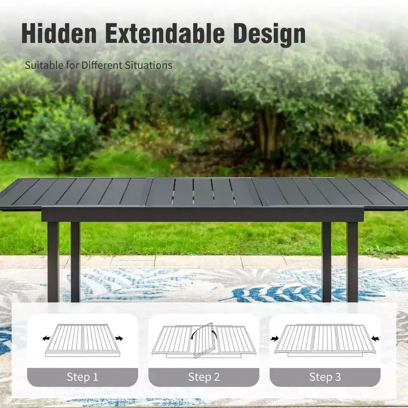 Captiva Designs 9pc Patio Dining Black Steel Rectangle Table & Brown Textilene Fixed Chairs