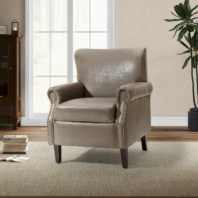 Transitional Leather Armchair with Nailhead Trim Rolled Arms