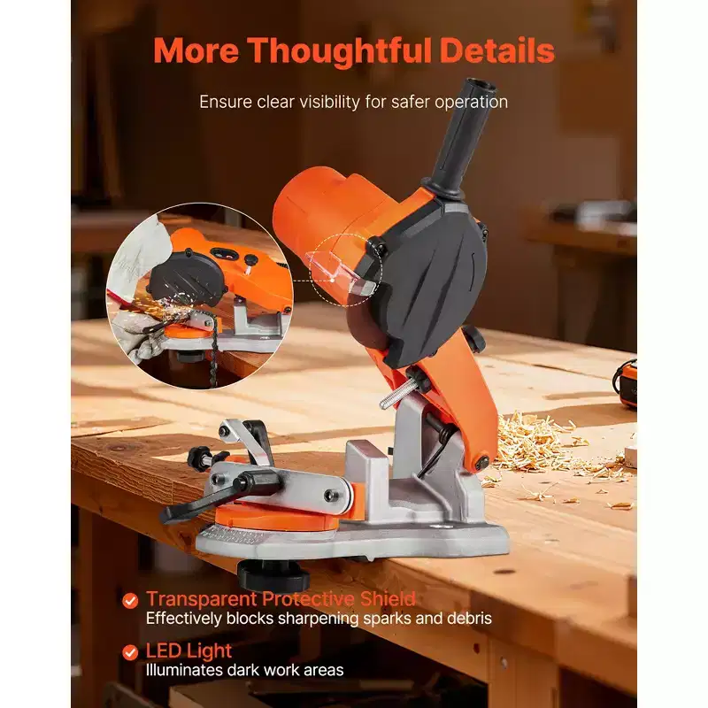 VEVOR Electric Chainsaw Sharpener, 85W Bench Saw Chain Sharpener 5000RPM, Chainsaw Sharpening Tool with 2 Grinding Wheels & LED Light, Orange&Black