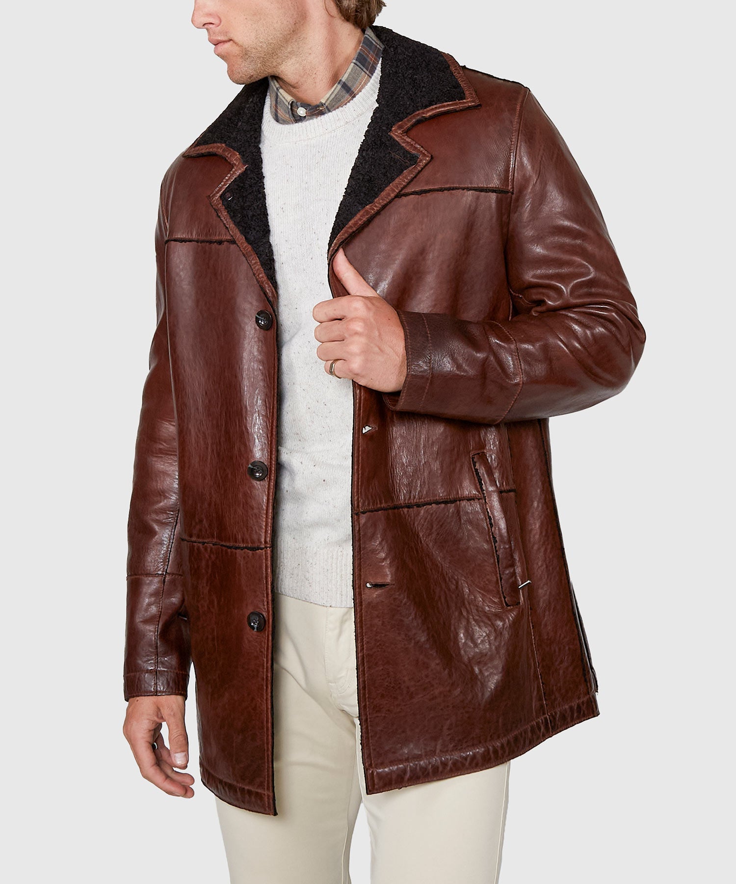 Mid-Length Lambskin Leather Jacket – Walnut