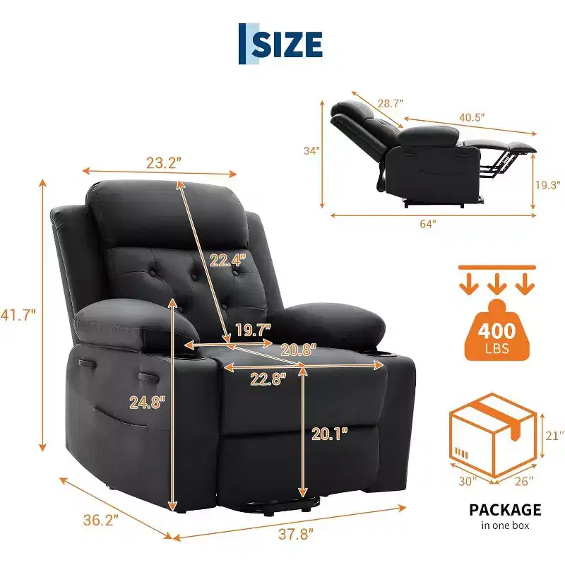 Oversized Power Lift Recliner Chair for Living Room C Black PU Leather Seat, Vibration Massage Heating, Lumbar Heat, Dual Cup Holders, Side Pockets