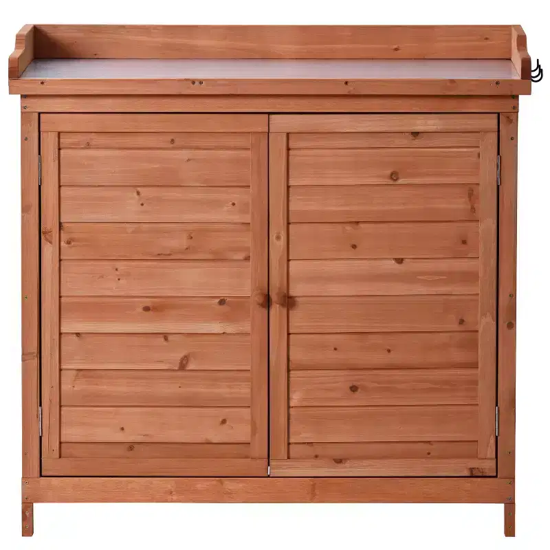 Outdoor Potting Bench with 2-Tier Shelves & Side Hooks, Galvanized Tabletop, Garden Workstation