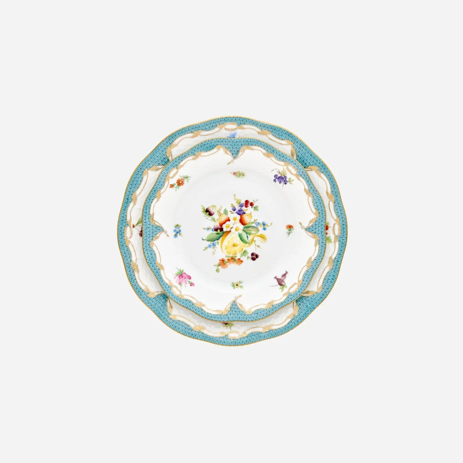 Flowers Blue Fish Scale Gold Dessert Plate 21cm