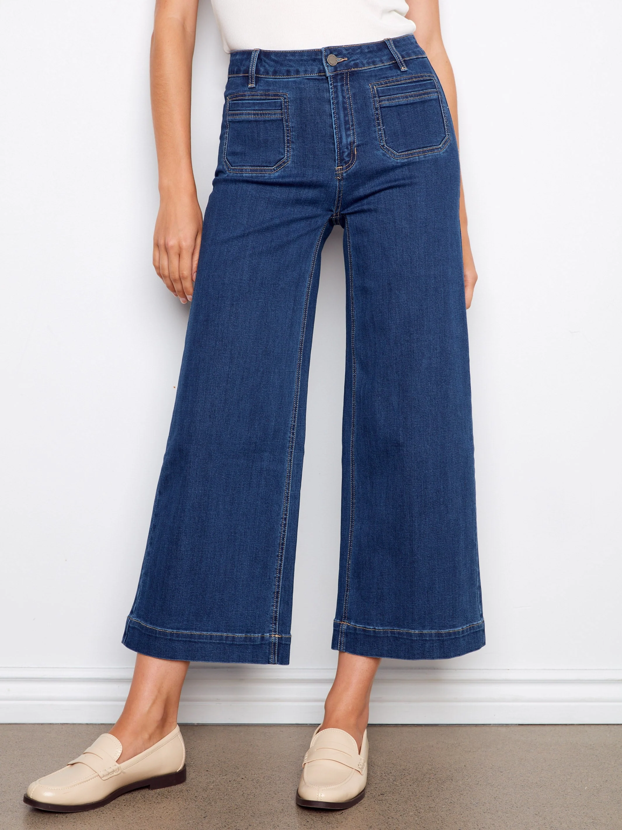Cropped Patch Pocket Flare Jeans - Indigo