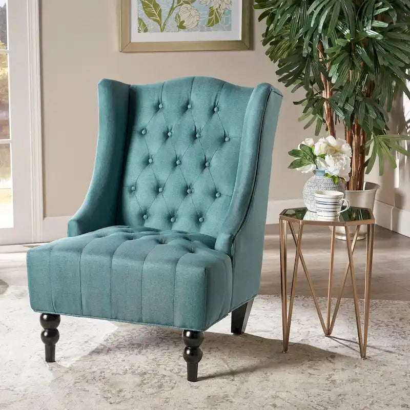 Upholstered Wingback Chair – Blue / Navy / Silver / Green, Button-Tufted Diamond Stitch, Birch Legs, Seats 1