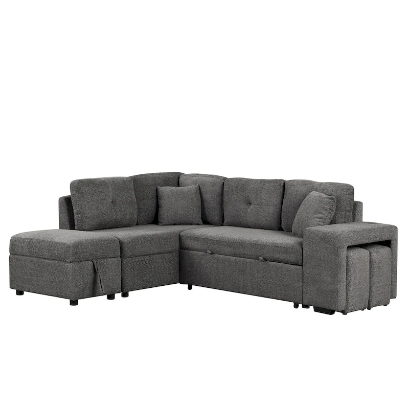 Roomfitters Convertible Sleeper Sectional Sofa Bed with Storage Ottoman, Two Throw Pillows, Two Stools, Wireless Charger