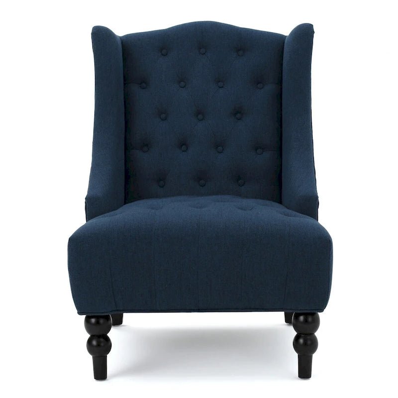 Upholstered Wingback Chair – Blue / Navy / Silver / Green, Button-Tufted Diamond Stitch, Birch Legs, Seats 1