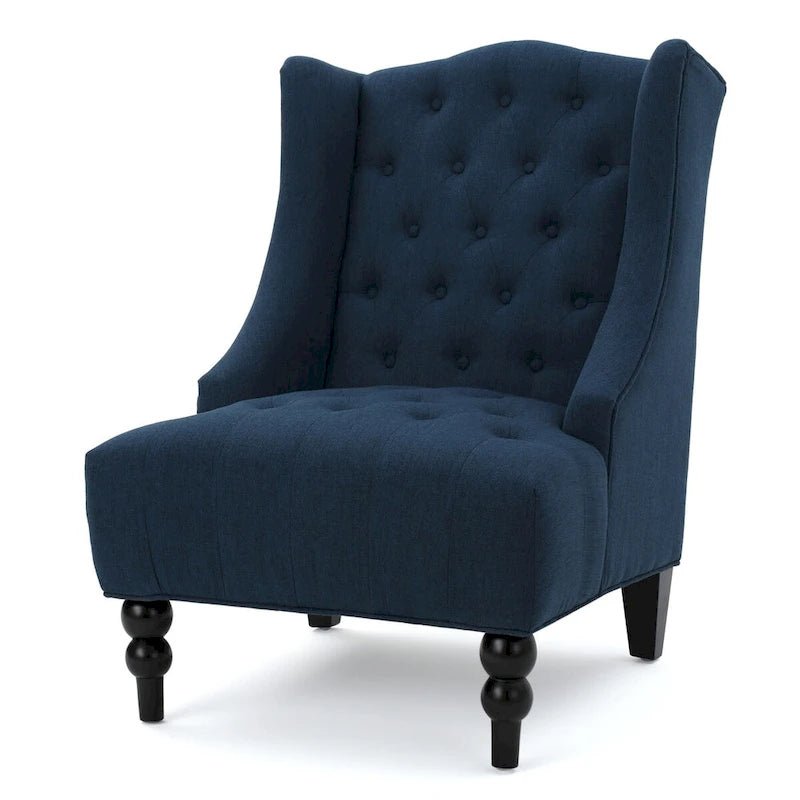 Upholstered Wingback Chair – Blue / Navy / Silver / Green, Button-Tufted Diamond Stitch, Birch Legs, Seats 1