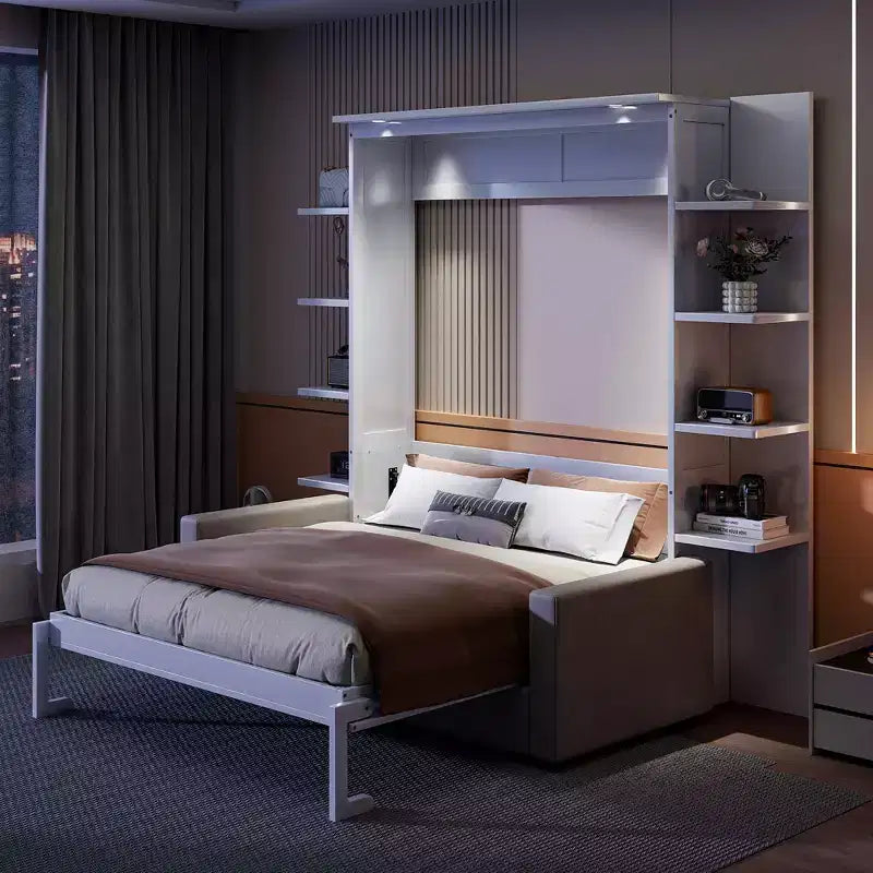 Queen Murphy Bed Wall Bed with Sofa, Queen Size Cabinet Bed Folding Wall Bed with Bookshelf and Shelves for Guest Room Office