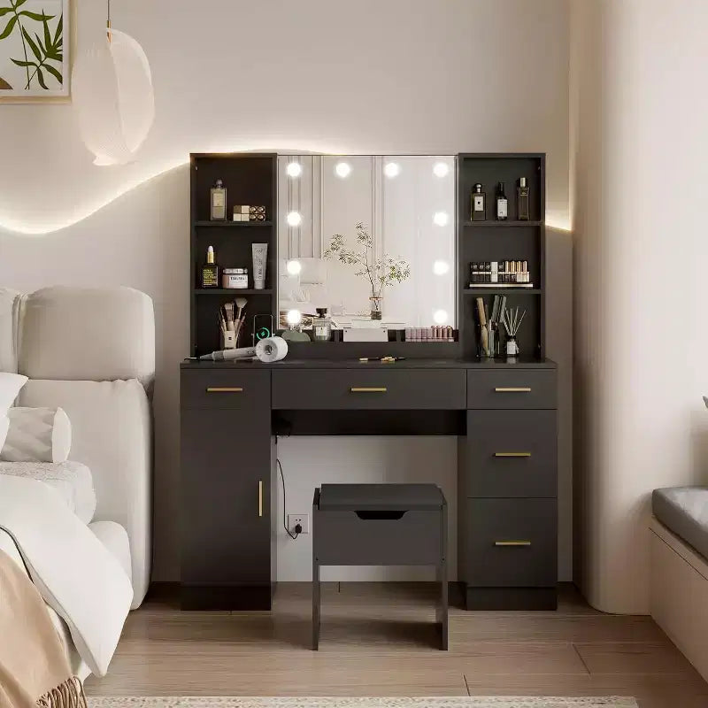 Vanity Desk with LED Mirror, 5 Drawers and 6 Open Shelves, Adjustable Lighting, Dressing Table