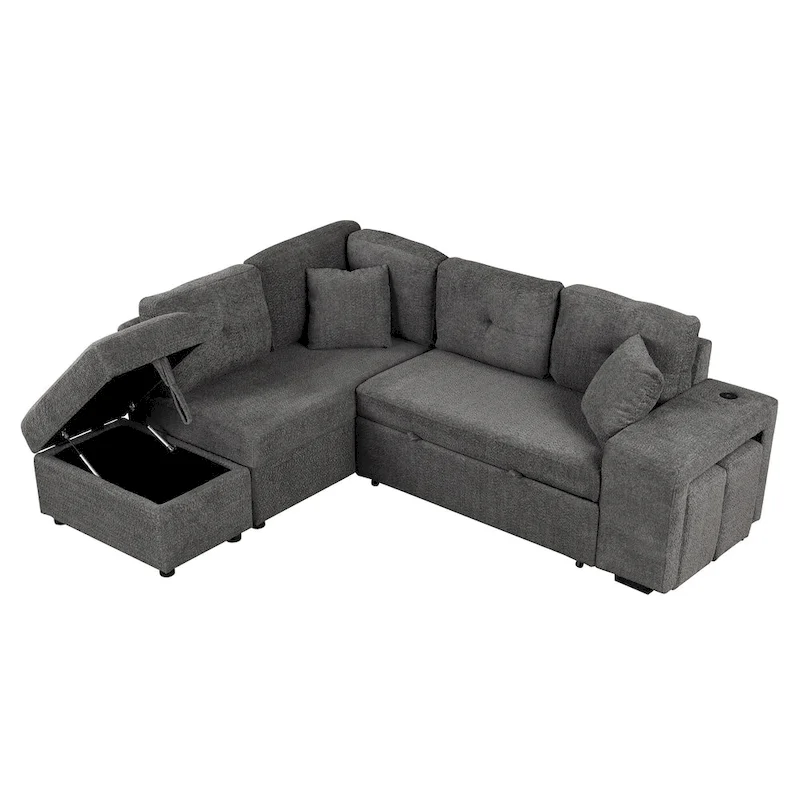 Roomfitters Convertible Sleeper Sectional Sofa Bed with Storage Ottoman, Two Throw Pillows, Two Stools, Wireless Charger