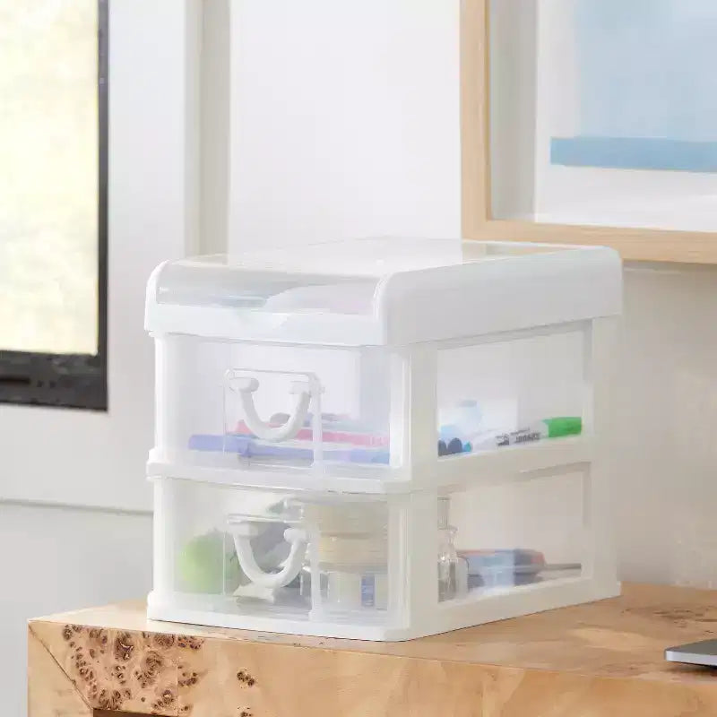 Gracious Living Clear Mini 2 Drawer Desk and Office Organizer with Flip Top Storage for Cosmetics, Arts, Crafts, and Stationery Items