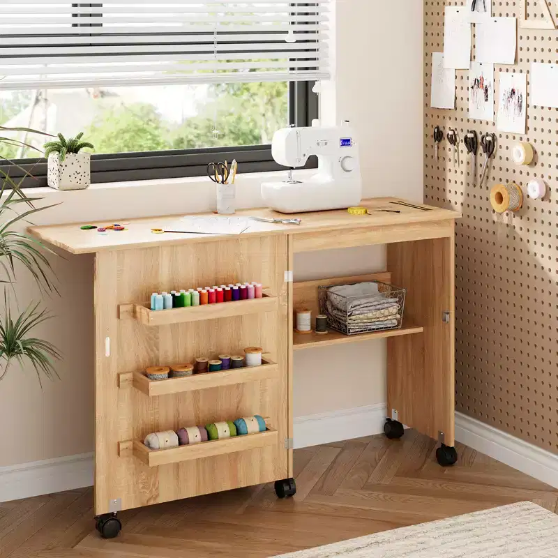 Folding Sewing Table and Compact Craft Station with Lockable Wheels, Sewing Machine Desk with Storage Shelves, Trays and Pegs