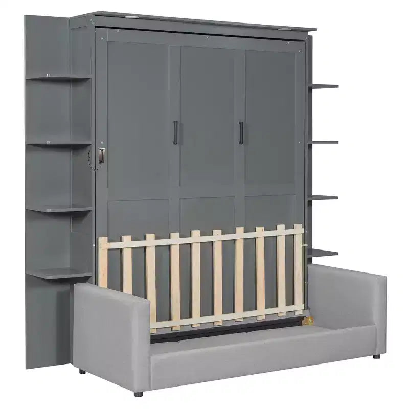 Queen Murphy Bed Wall Bed with Sofa, Queen Size Cabinet Bed Folding Wall Bed with Bookshelf and Shelves for Guest Room Office