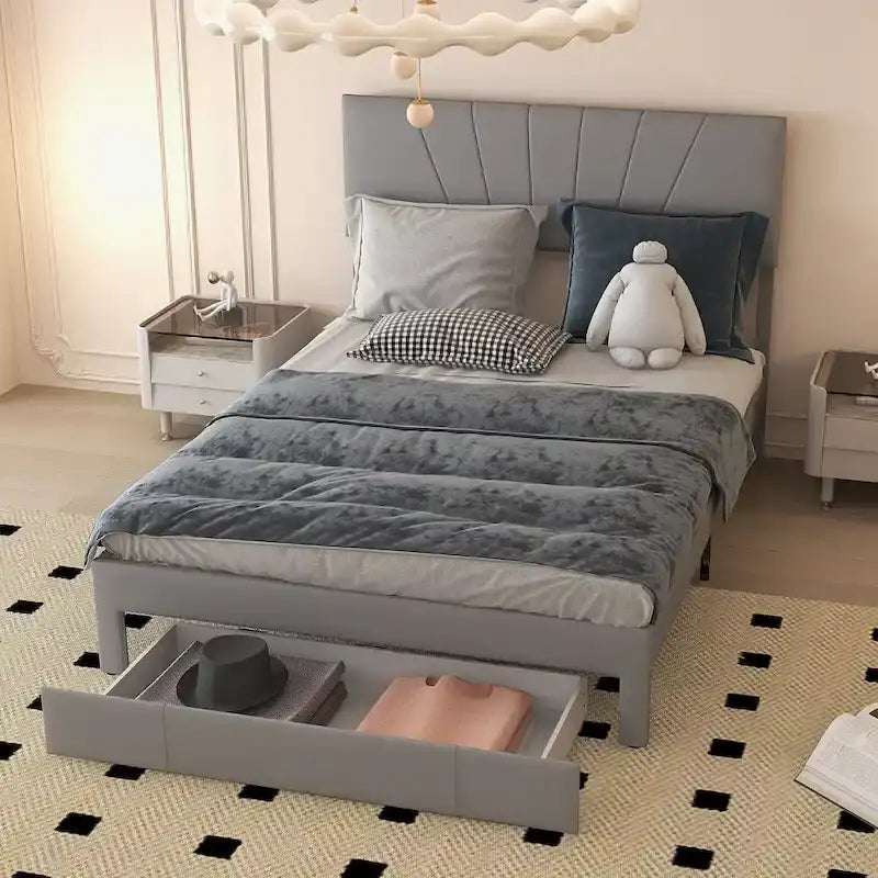 Linen Platform Bed Frame – Grey, Adjustable Headboard, 1 Pull-Out Drawer, Full / Queen, Sleeps 1