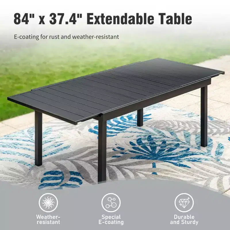 Captiva Designs 9pc Patio Dining Black Steel Rectangle Table & Brown Textilene Fixed Chairs