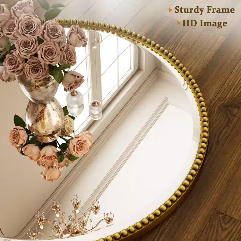 Beaded Round Wall Mirror - Decorative Vanity Bathroom Mirror with Resin Frame