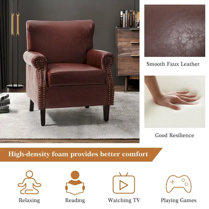 Transitional Leather Armchair with Nailhead Trim Rolled Arms