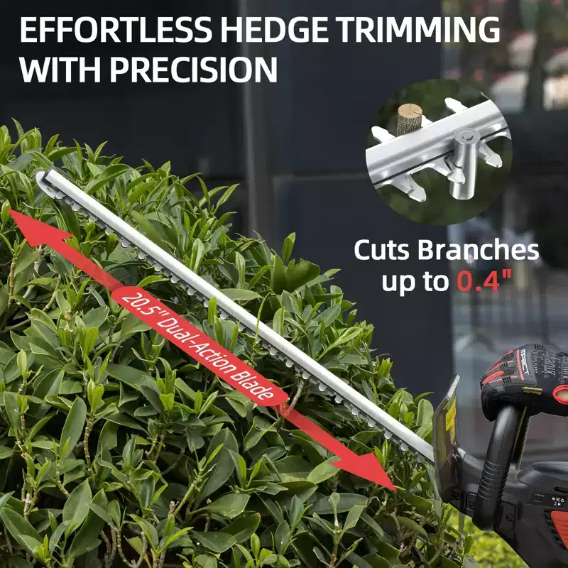 20V Cordless Hedge Trimmer 20.5 in Dual-Action Blade 4.0Ah Battery 180 Degree Rotating Handle