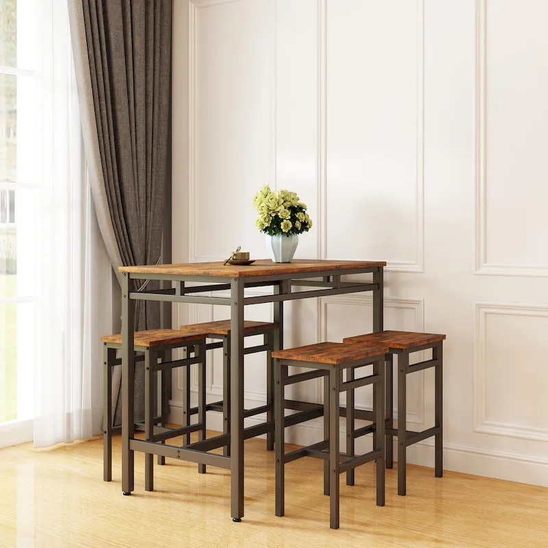 Counter Height Dining Table Set with 4 Bar Stools Metal Frame Vintage Wooden Tabletop Rectangular Dining Table, 5-Piece