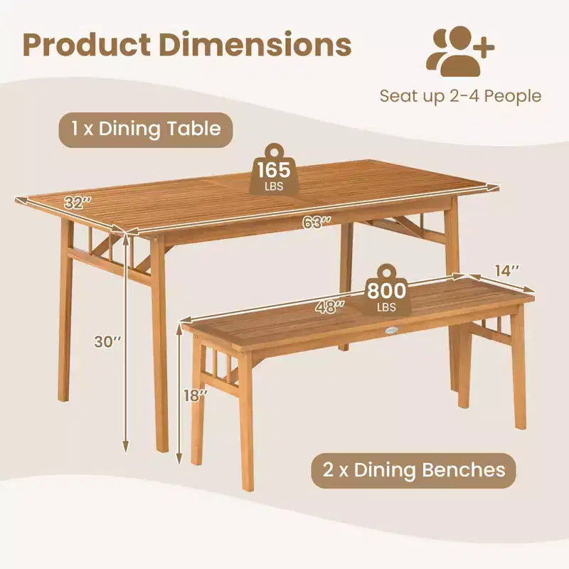 Gymax 3PCS Patio Dining Set Rectangular Picnic Table & 2 Benches w/1.97 Umbrella Hole