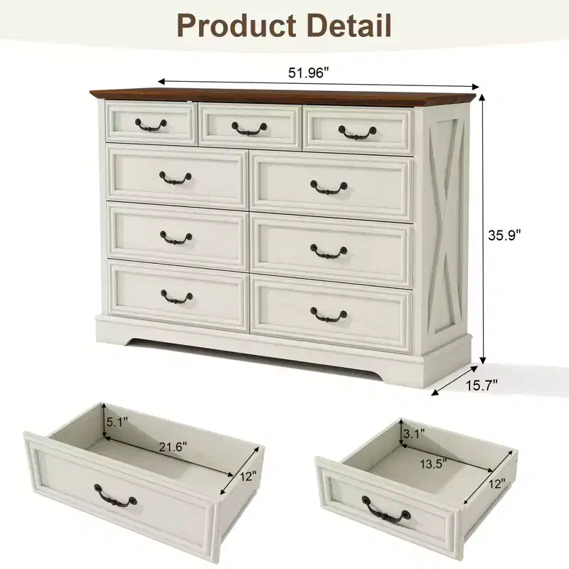 9 Drawer Farmhouse Dresser, Rustic Chest of Drawers with Ample Storage, Solid Wood Look & Metal Handles, Bedroom Clothes Organizer