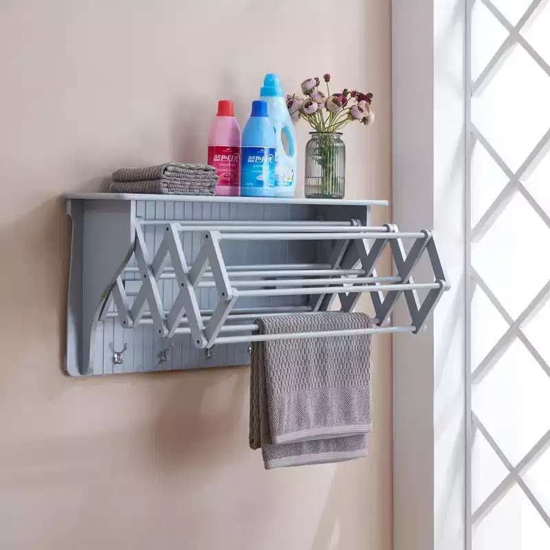 36 x 18 Wall Shelf with Collapsible Drying Rack and Hooks - Danya B.