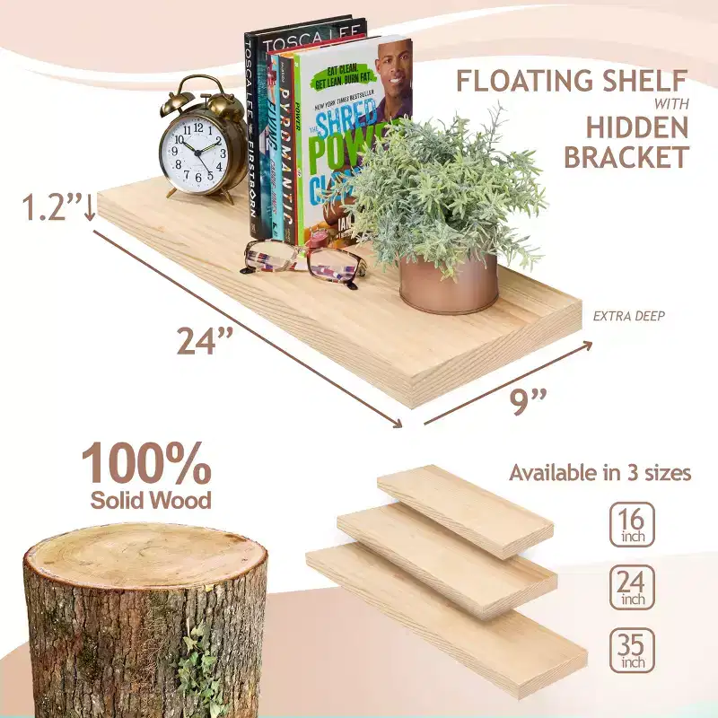 Sorbus 2 Pack 24 Solid Wood Floating Shelves - for Bathroom Decor, Books, Bedroom & Living Room