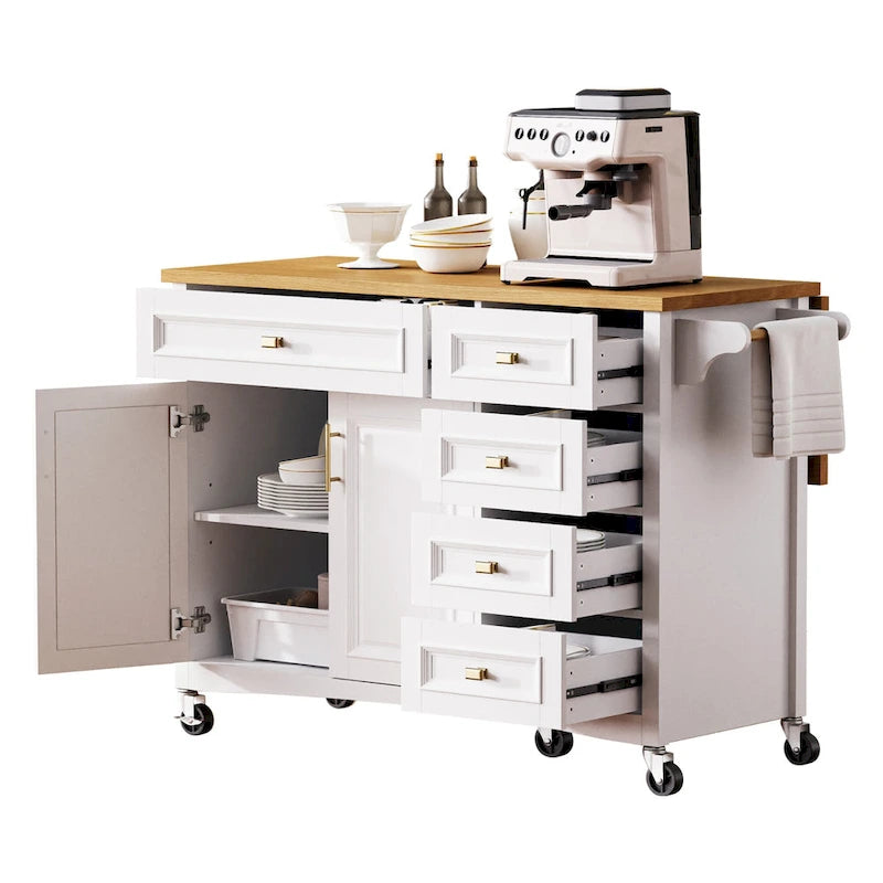 White Drop Leaf Kitchen Island Cart for 1–2 Person, No Stool