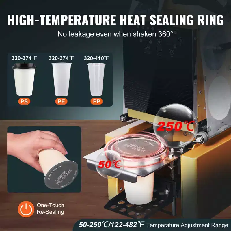 VEVOR Fully Automatic Cup Sealing Machine, 500-650 Cups/H, Cup Sealer Machine for 190 mm Tall & 90/95 mm Cup, with Digital Control LCD Panel, Gold