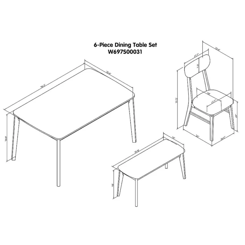 6-piece Rectangular Dining Table Set with 4 Upholstered Dining Chairs and Bench Modern Casual Dining Table Set for Kitchen