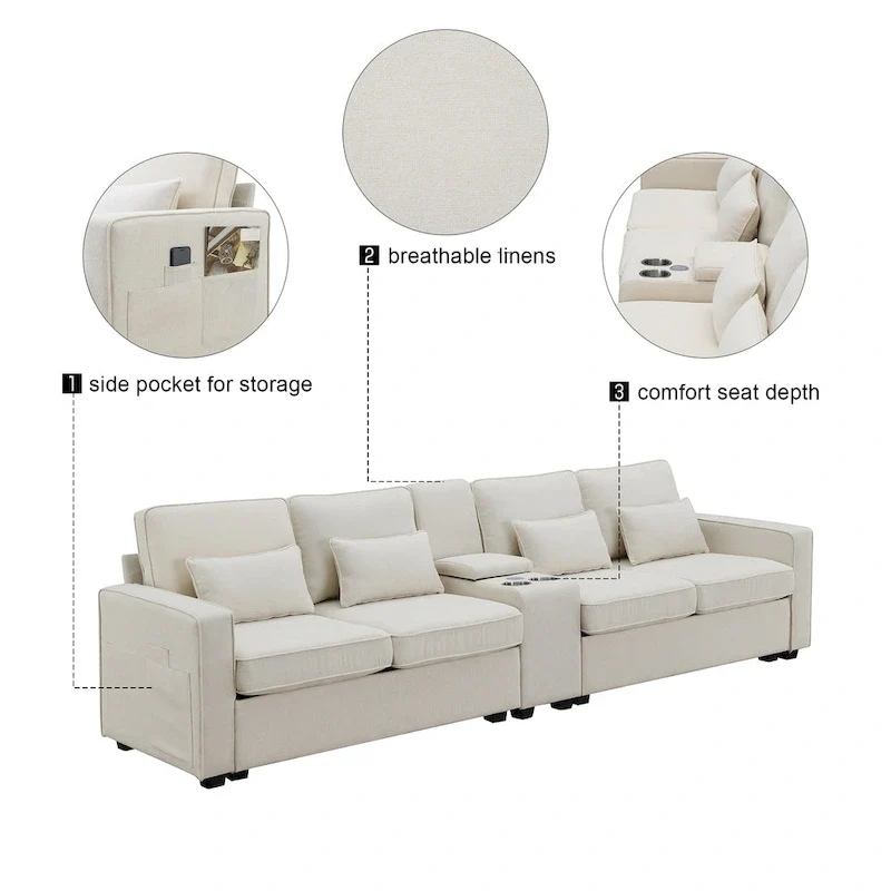 114.2 Upholstered Sofa with Console, Cup Holders and USB Charging