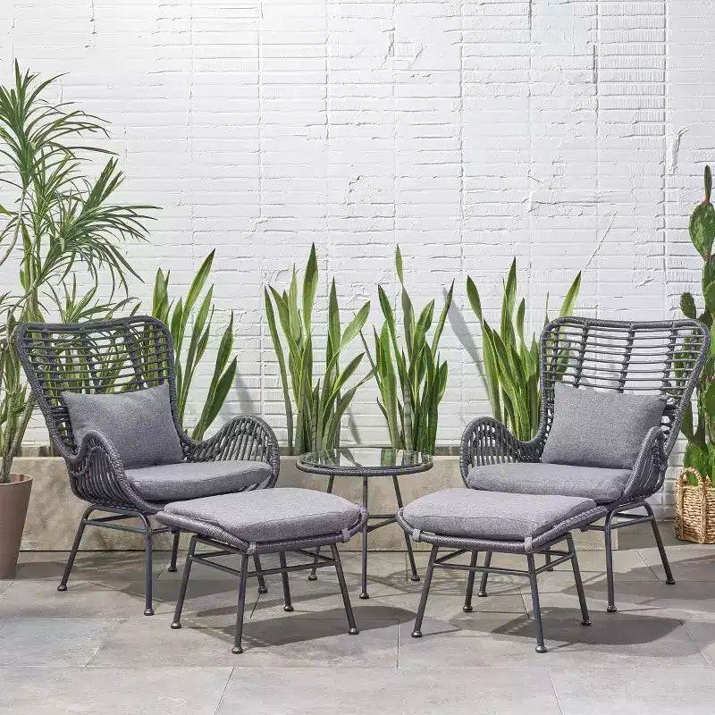 Christopher Knight Home Bechtel Outdoor Wicker and Tempered Glass 5 Piece Chat Set with Ottomans