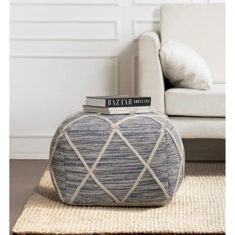 22-Inch Round Pouf Ottoman &ndash; Blue & Ivory / Tan & Ivory / Gray & Ivory, 1-Person Footrest & Extra Seat