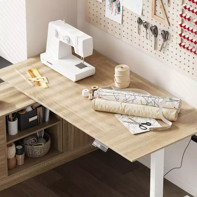 Oak-Effect Height-Adjustable L-Shaped Office Desk Sewing Desk 3 Drawers + Open Storage