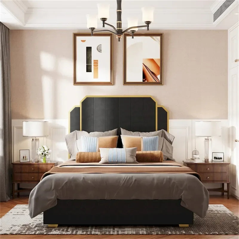 Queen Velvet Platform Bed – Gold + Creamy White / Black / Blue, Channel Headboard, 4 Storage Drawers, Sleeps 1