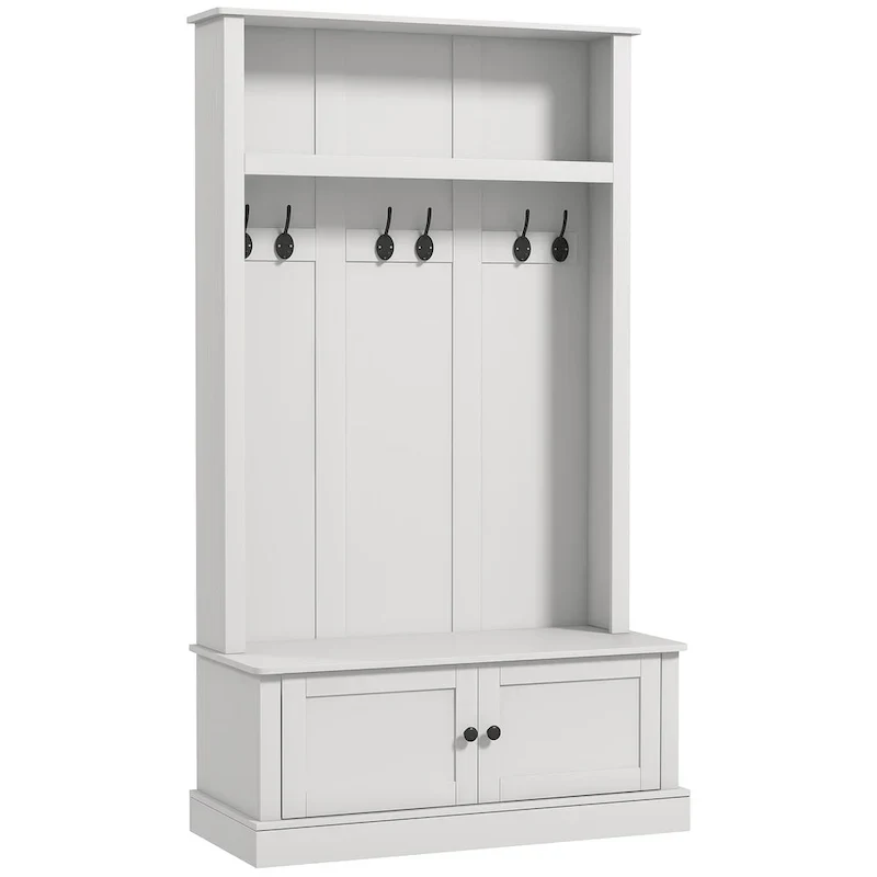 Freestanding Hall Tree, Entryway Bench with Coat Rack, Shoe Cabinet and Top Shelf