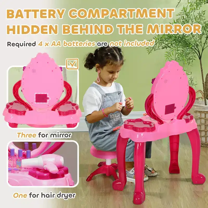 Kids Vanity Table Set with Light-Up Mirror Stool and 15 Accessories Pink