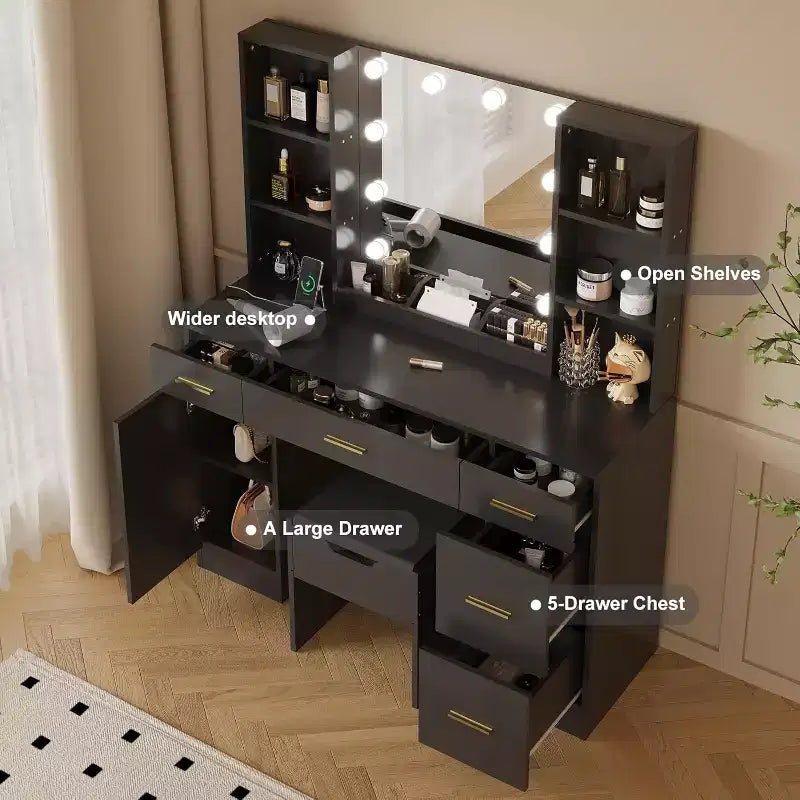 Vanity Desk with LED Mirror, 5 Drawers and 6 Open Shelves, Adjustable Lighting, Dressing Table