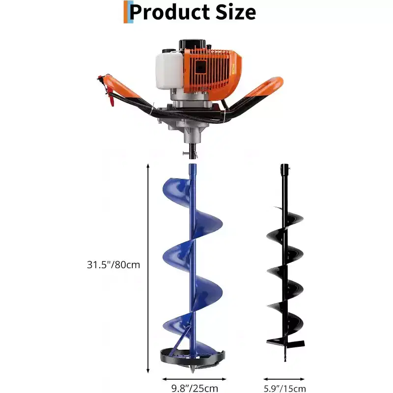 52CC 2-Stroke Gas Ice Auger for Fast Drilling. Features a 10 Diameter, 31.5 Length Auger, Heavy-Duty Construction, and EPA Certification.