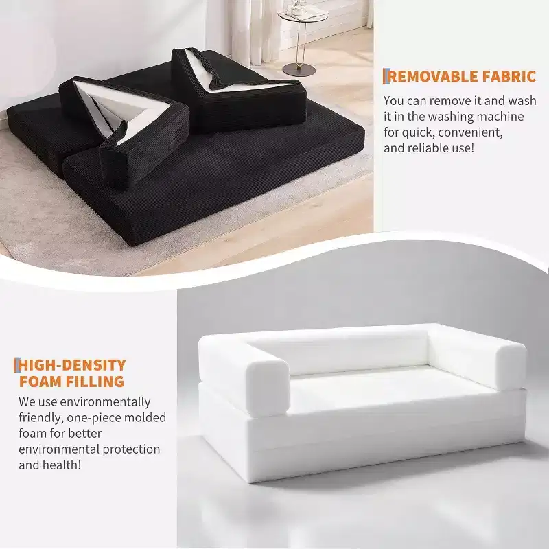 Convertible Couch, Folding Sofa Bed with 2 Pillows, Plush Corduroy Boneless Convertible Sofa, No Assembly Required for Living Room, Bedroom