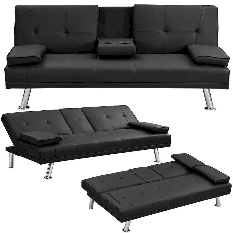 Convertible Sofa Bed – Black / Dark Brown, Faux Leather, 3-Position Recliner, Seats 2